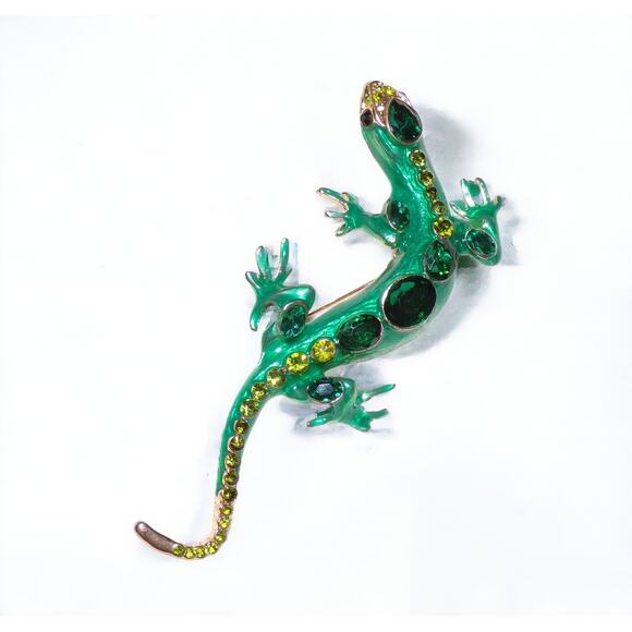 Lizard Brooch 3.5" Green Enamel & Bezel Set Rhinestone - Picture 3 of 4